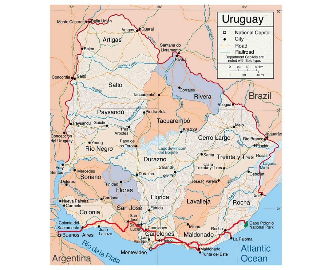 Karta över Uruguay med städe